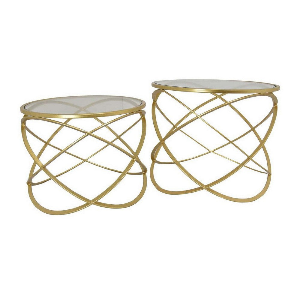 20 Inch Plant Stand Tables Set of 2, Glass Top, Metal Geometric Frame, Gold By Casagear Home