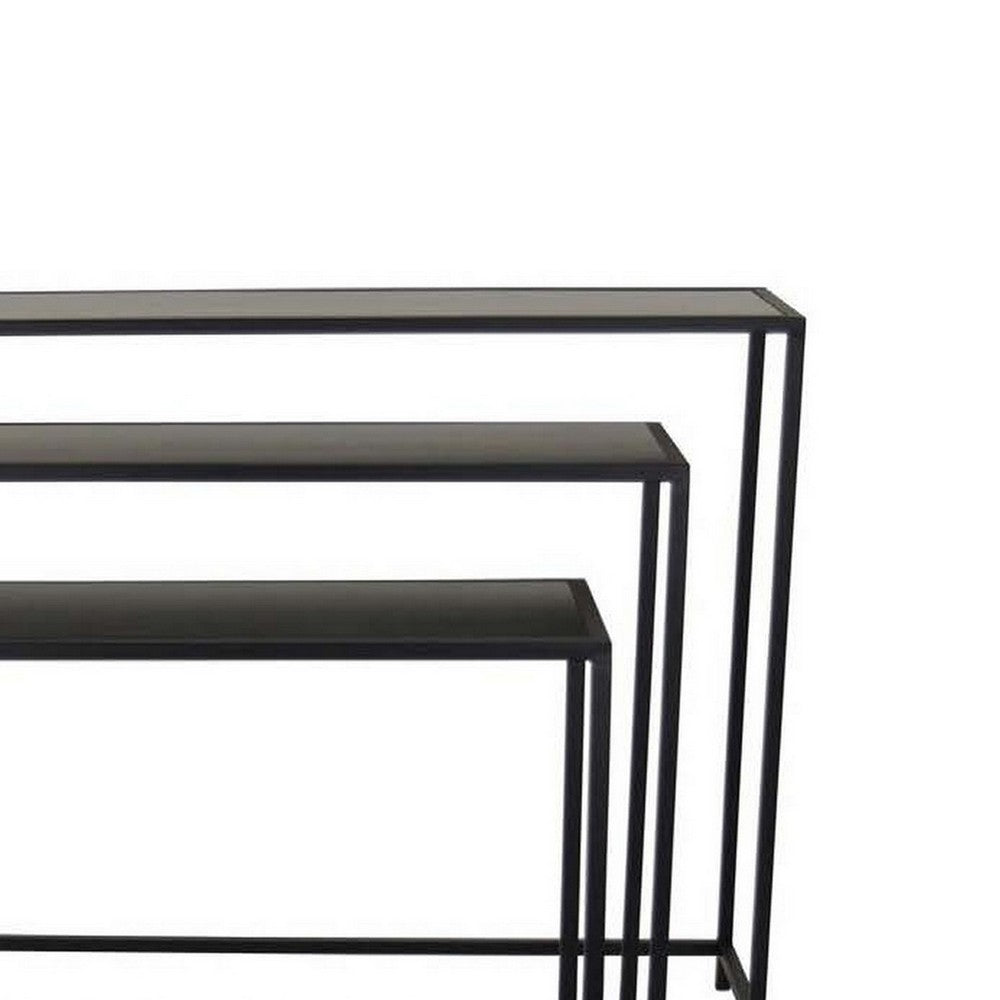 Set of 3 Plant Stand Tables, Rectangular Wood Top, Metal Open Frame, Black By Casagear Home