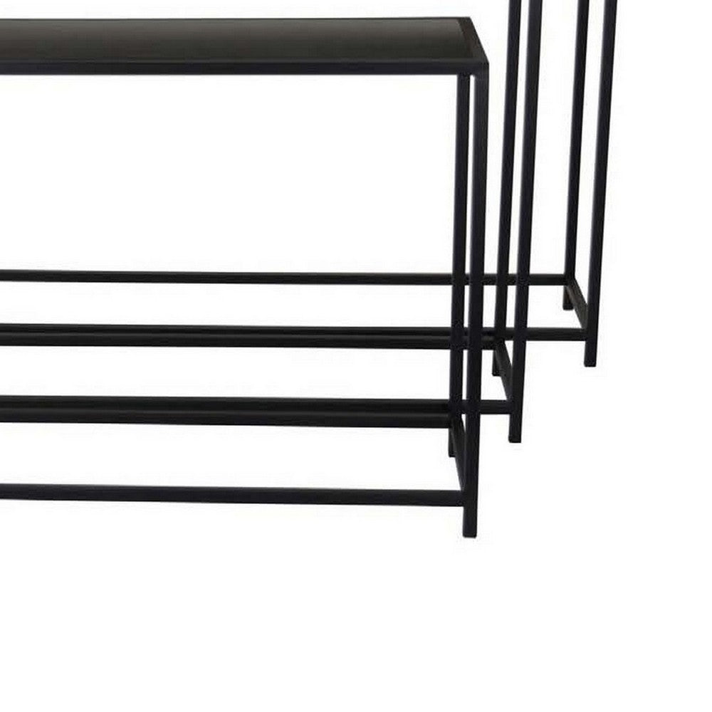 Set of 3 Plant Stand Tables, Rectangular Wood Top, Metal Open Frame, Black By Casagear Home