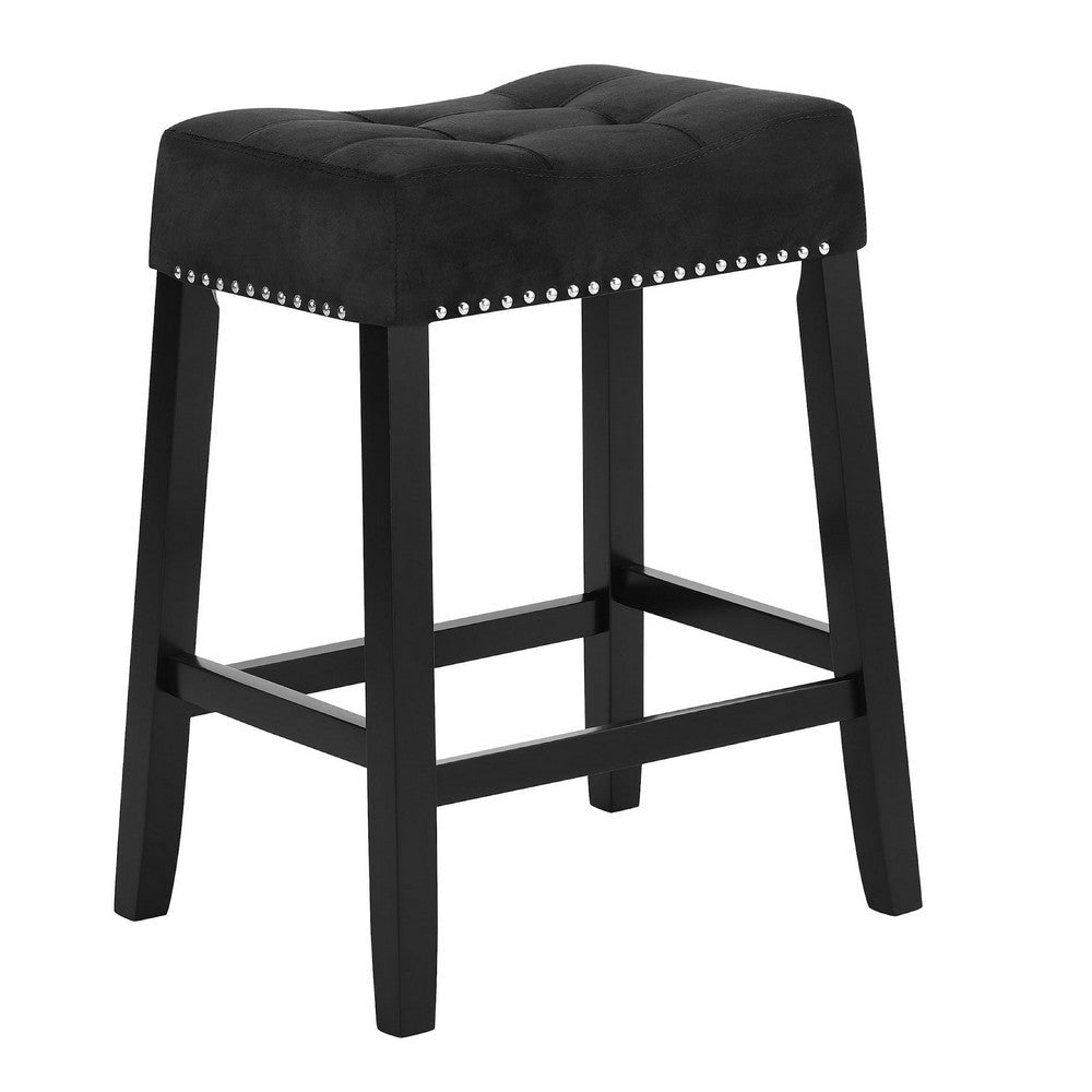 Jordan 26 Inch Counter Height Stool, Saddle Seat, Black Leather and Wood By Casagear Home