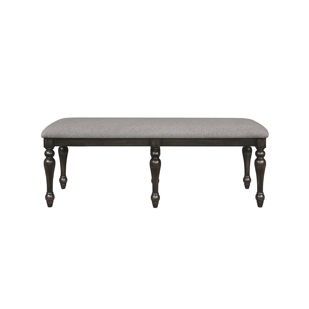 Lauren 52 Inch Bench, Classic Wood Frame, Cushioned Gray Fabric Upholstery By Casagear Home