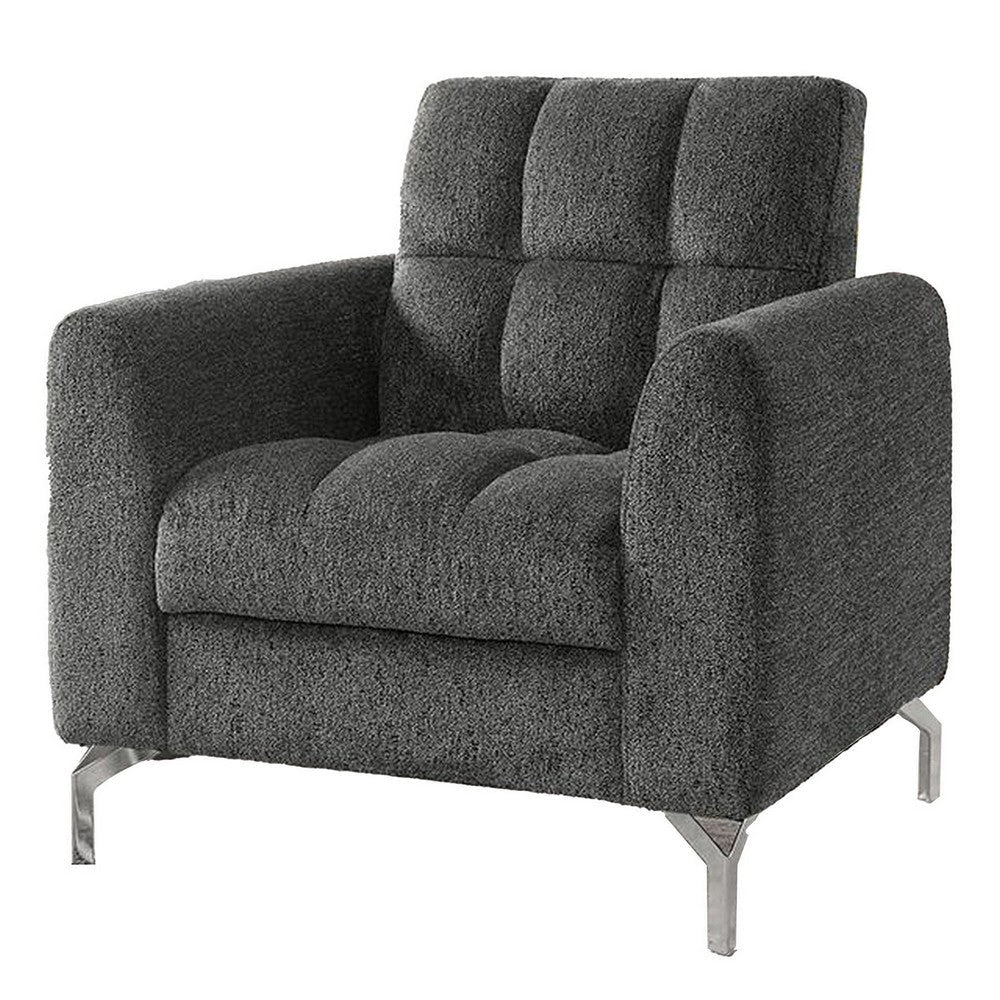 Lupe 35 Inch Chair, Biscuit Tufted, Chrome Legs, Gray Chenille Upholstery By Casagear Home