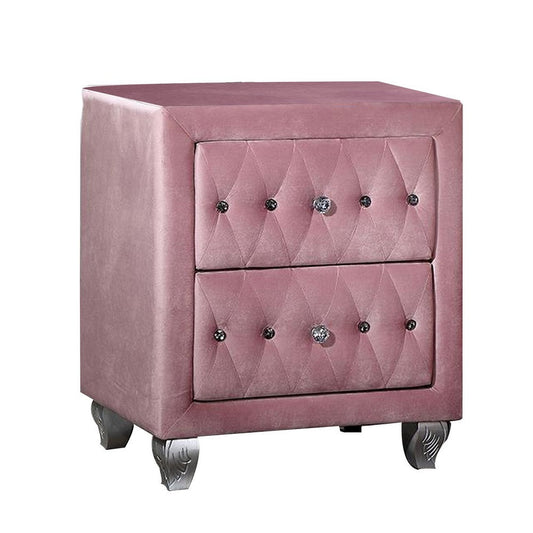 Zoha 26 Inch Nightstand, 2 Drawer, Cabriole Legs, Wood, Pink Upholstery By Casagear Home