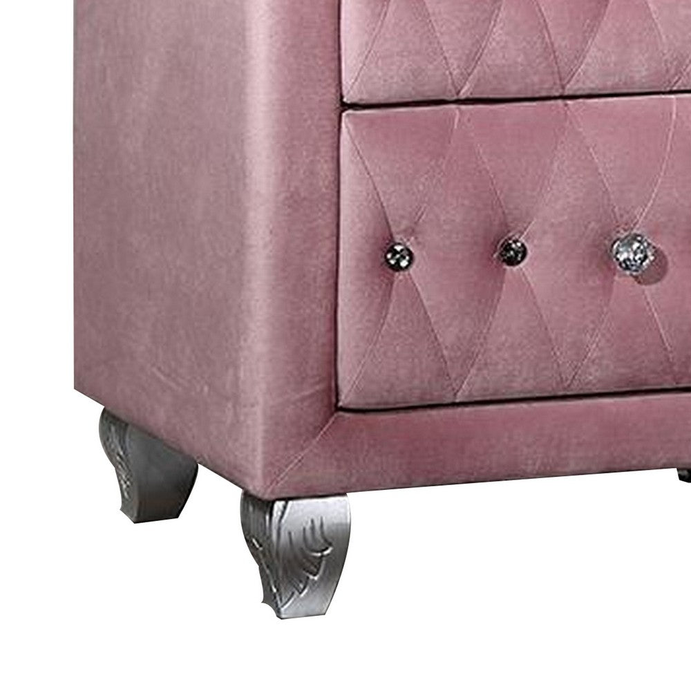 Zoha 26 Inch Nightstand, 2 Drawer, Cabriole Legs, Wood, Pink Upholstery By Casagear Home