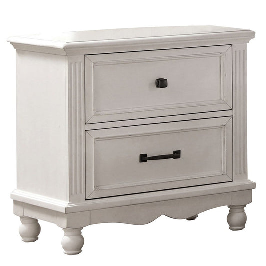 Geo 28 Inch Nightstand, 2 Drawers, Solid Wood, Bronze, Antique White By Casagear Home