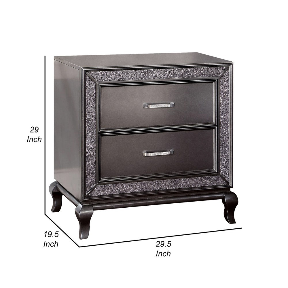 Ony 30 Inch Nightstand, 2 Drawers, Solid Wood, Chrome, Graphite Gray Finish By Casagear Home