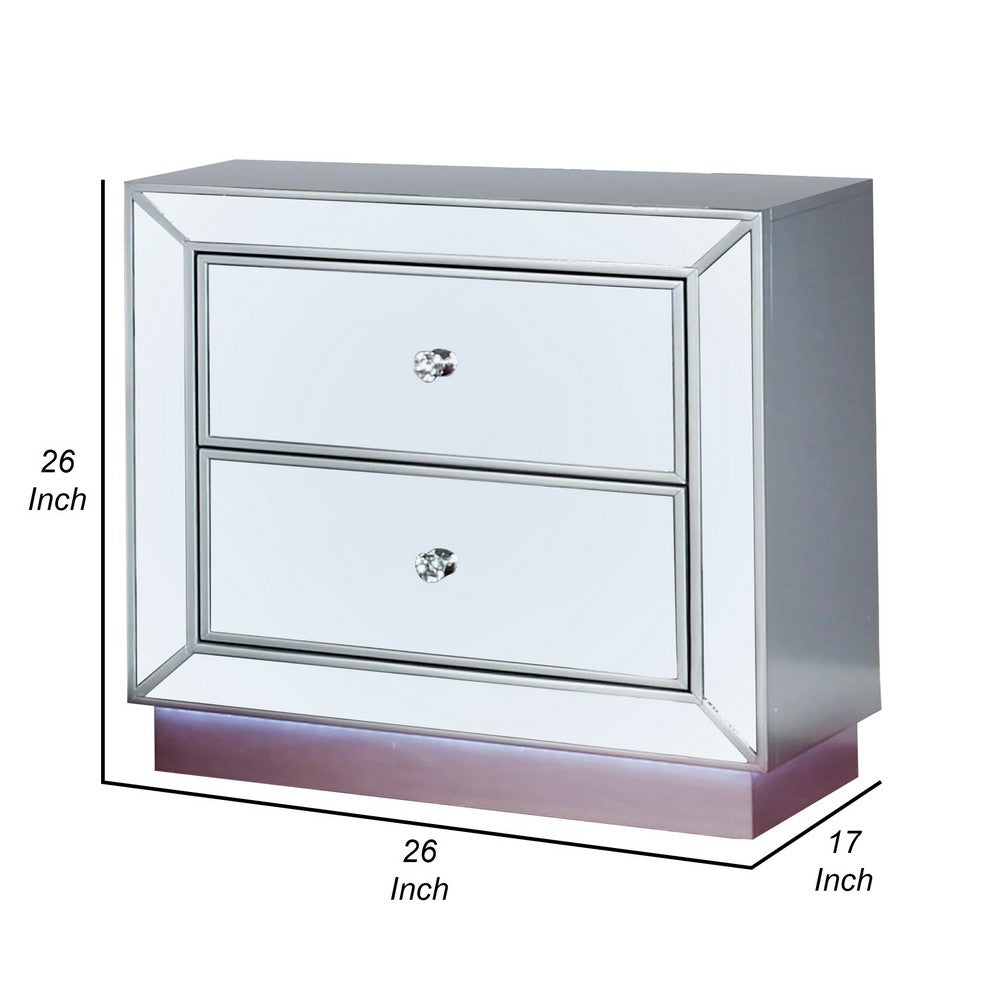 Donna 26 Inch Nightstand, 2 Drawers, LED Light, USB Port, Mirror, Silver By Casagear Home