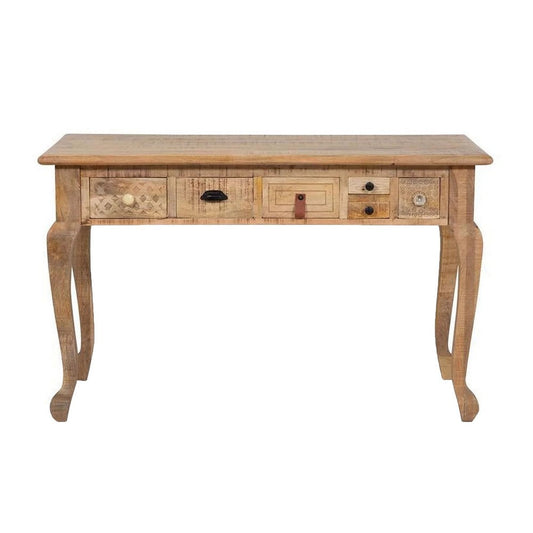 Blan 53 Inch Desk, 6 Drawers, Hand Carved, Natural Brown Mango Wood By Casagear Home