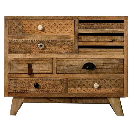 Blan 32 Inch Dresser Chest, 9 Drawer, Hand Carved, Natural Mango Wood By Casagear Home