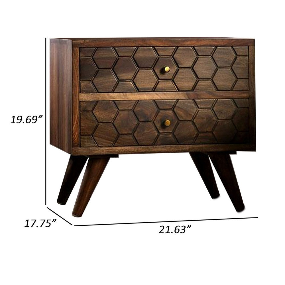 21 Inch Nightstand Table, 2 Drawers, Honeycomb, Indian Rosewood, Brown By Casagear Home