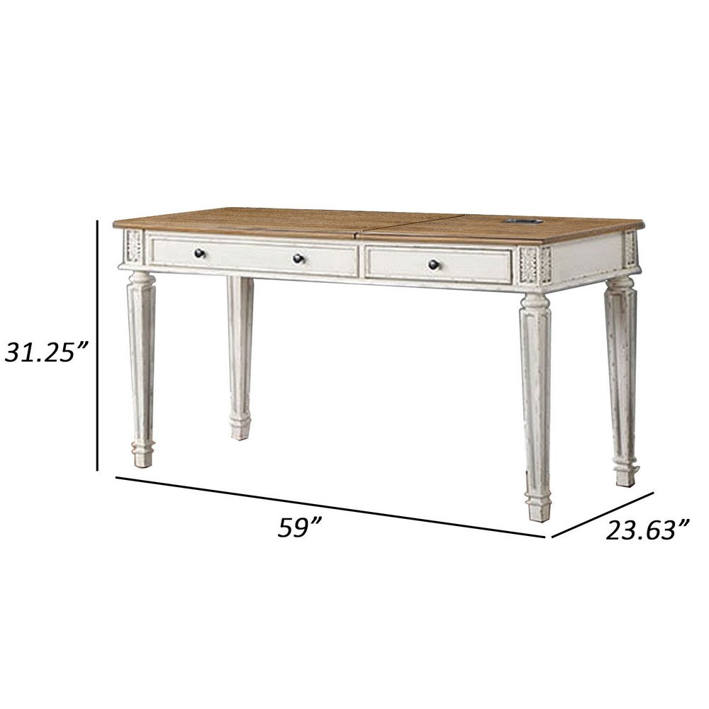 59 Inch Lift Top Desk, 2 Drawers, USB Ports, Solid Wood, White, Oak Brown By Casagear Home