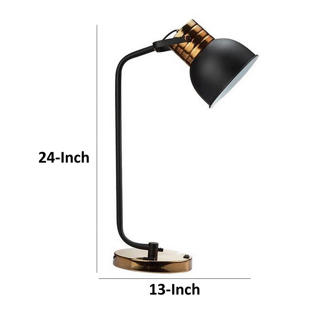 24 Inch Table Lamp, Angled Stem, Round Base, Metal, Black, Antique Gold By Casagear Home