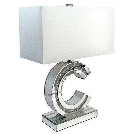 22 Inch Table Lamp, Encrusted Crystal, C Shaped Metal Frame, Glass, Silver By Casagear Home