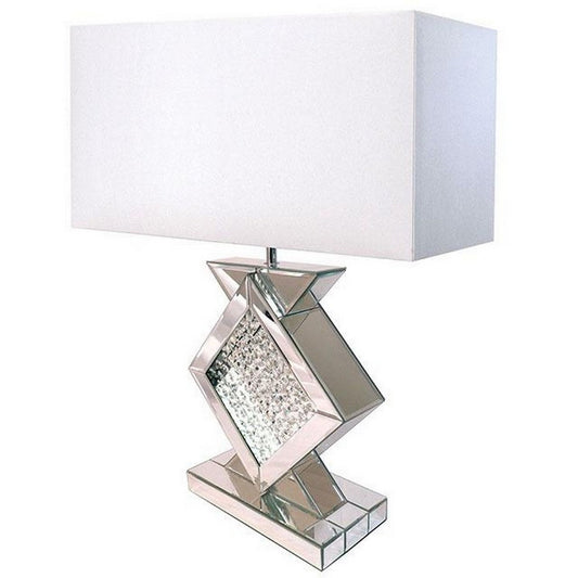 27 Inch Table Lamp, Acrylic Crystals, Diamond Base, Champagne Silver Metal By Casagear Home