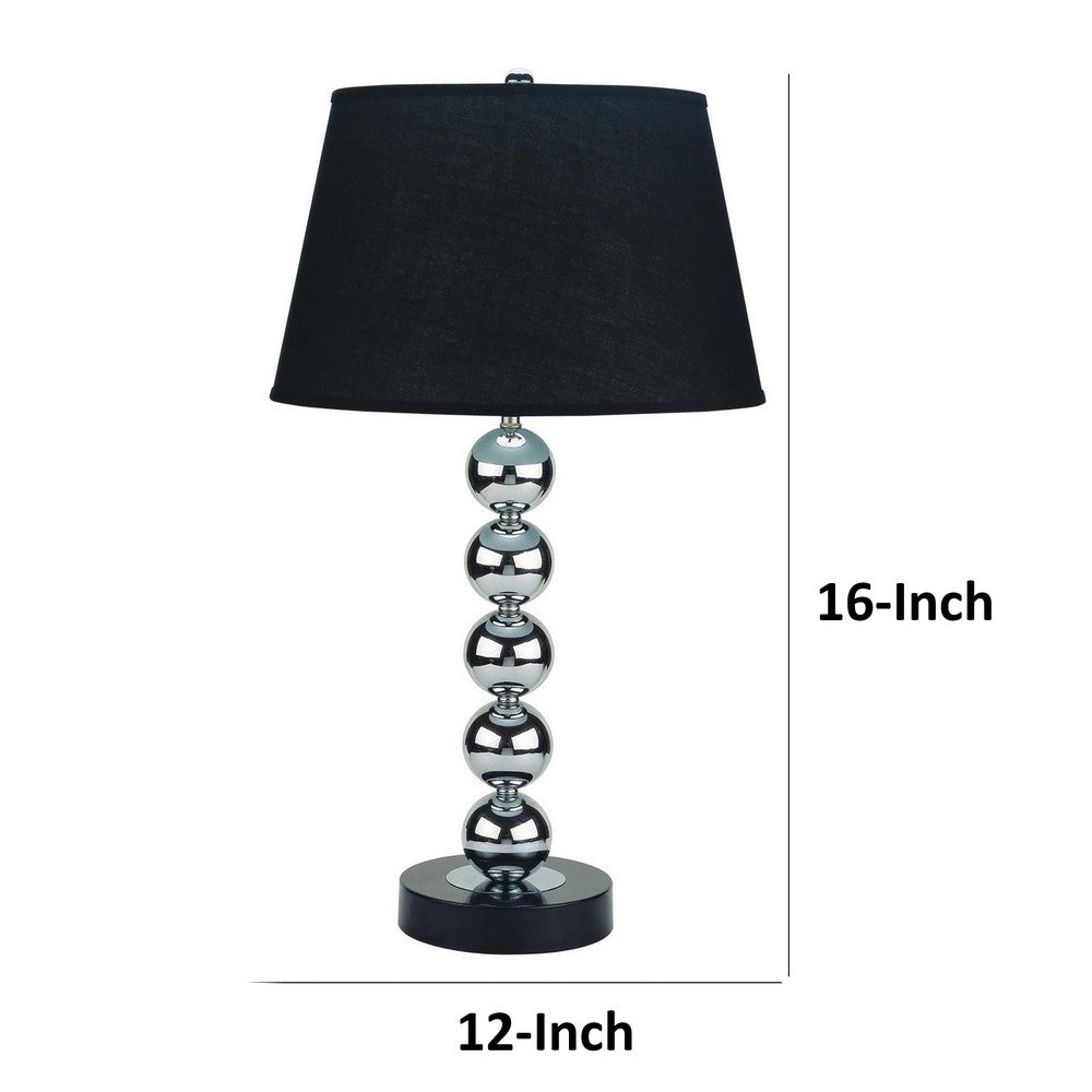16 Inch Table Lamp Set of 2, 5 Ball Stem, Round Base, Chrome Metal, Black By Casagear Home