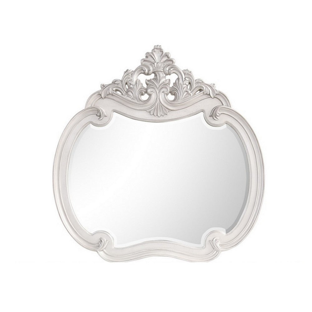 Hailey 48 x 49 Buffet Mirror, Round Wood Frame, Carved Crown Top, Mist Gray By Casagear Home