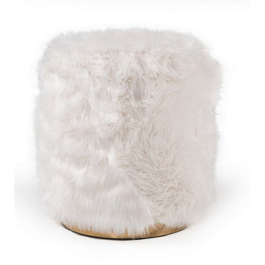 19 Inch Ottoman, Faux Fur Upholstery, Stainless Steel Base, White, Gold By Casagear Home