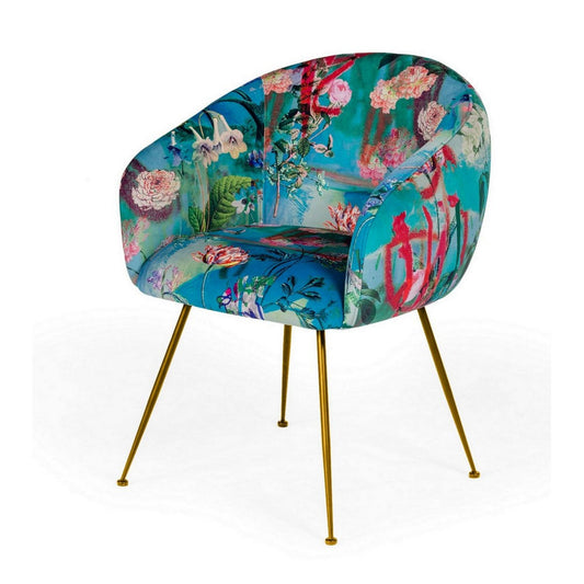 25 Inch Dining Chair, Floral Design, Gold Legs, Blue Velvet Upholstery By Casagear Home
