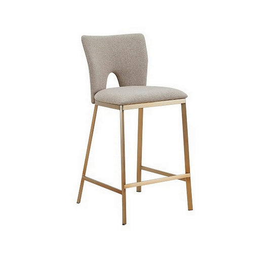 27 Inch Counter Stool Chair Set of 2, Beige Velvet Upholstery and Brass By Casagear Home