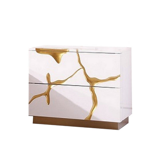 24 Inch Nightstand, 2 Drawers, Gold Details, Metal Base, White Wood By Casagear Home