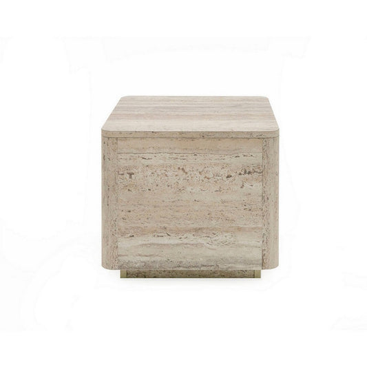 Lia 20 Inch End Table, Square Travertine Stone Finish Laminated Top By Casagear Home