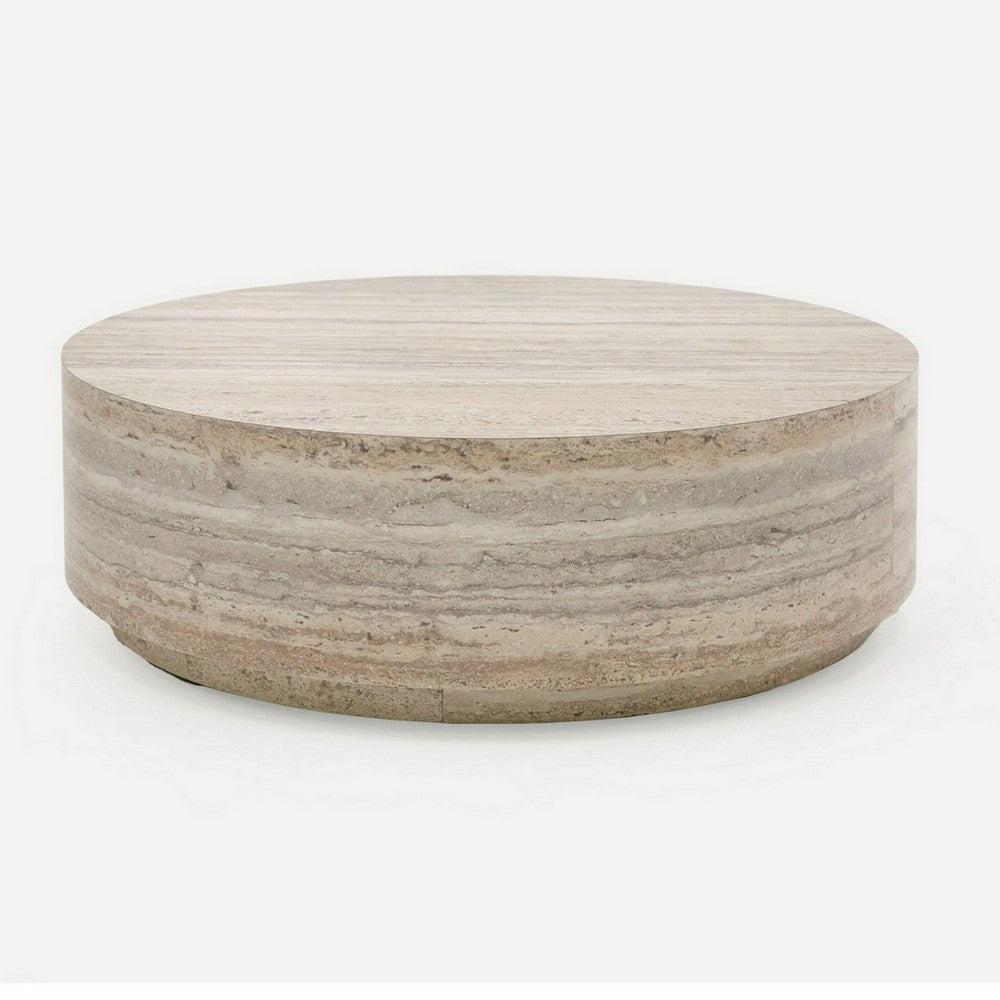 Lia 39 Inch Coffee Table, Round Travertine Stone Finish Laminated Top By Casagear Home