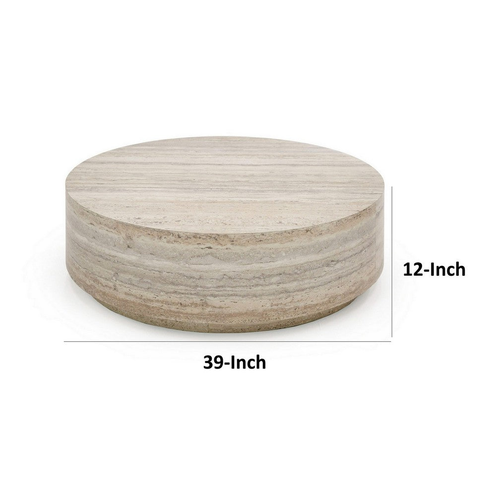 Lia 39 Inch Coffee Table, Round Travertine Stone Finish Laminated Top By Casagear Home