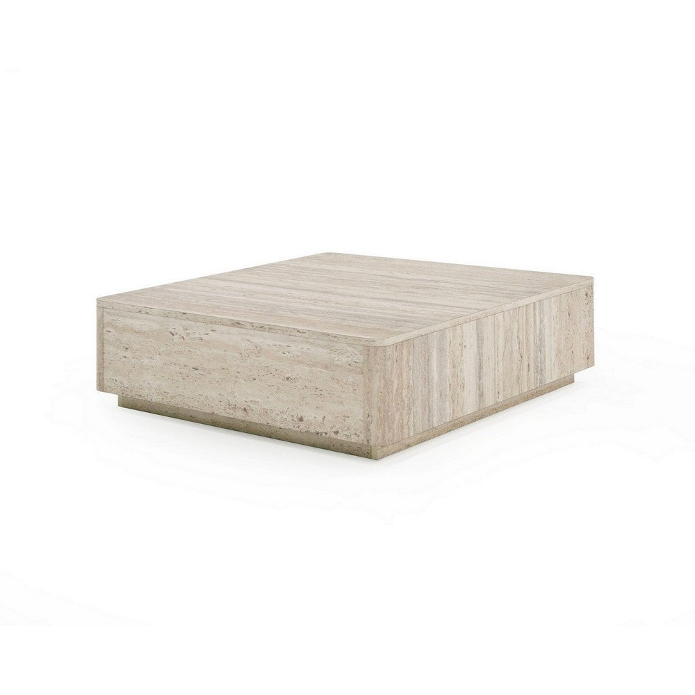 Lia 39 Inch Coffee Table, Square Travertine Stone Finish Laminated Top By Casagear Home