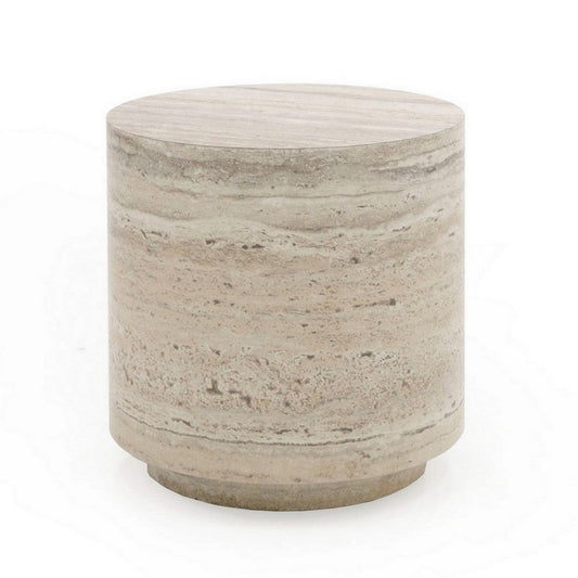 Lia 18 Inch End Table, Round Travertine Stone Finish Laminated Top By Casagear Home