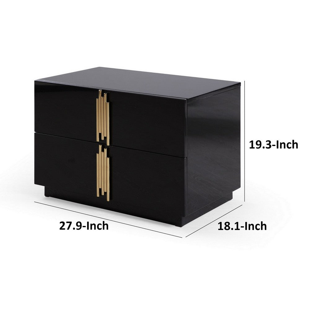 28 Inch Nightstand, Modern Vertical Gold Handles, 2 Drawers, Black Finish By Casagear Home