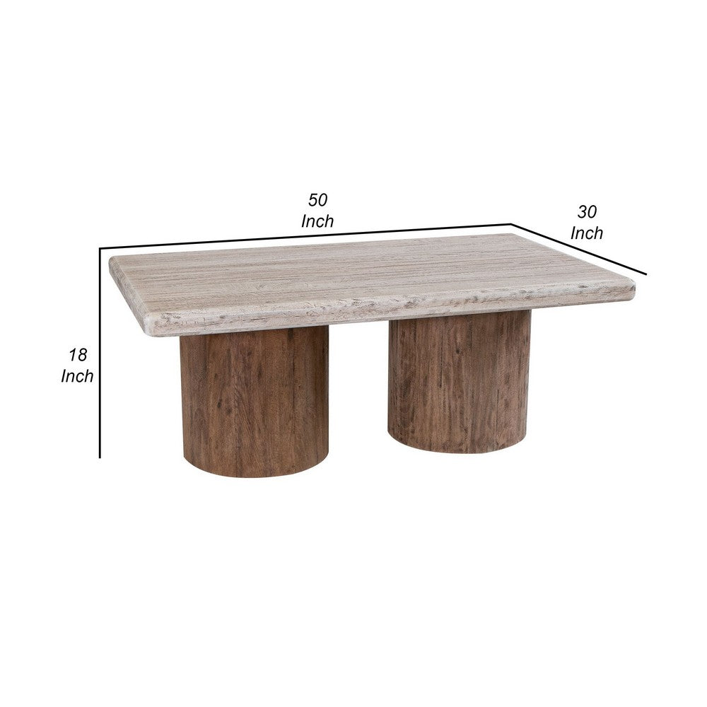 Kohl 50 Inch Cocktail Table, Brown Mango Wood, Drum Base, Cream Floated Top By Casagear Home