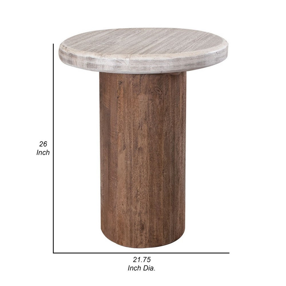 Kohl 26 Inch Side End Table, Brown Mango Wood, Drum Base, Cream Floated Top By Casagear Home