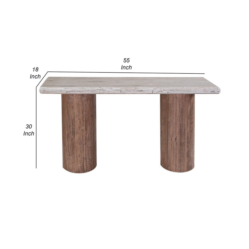 Kohl 55 Inch Sofa Table, Brown Mango Wood, Drum Base, Cream Floated Top By Casagear Home