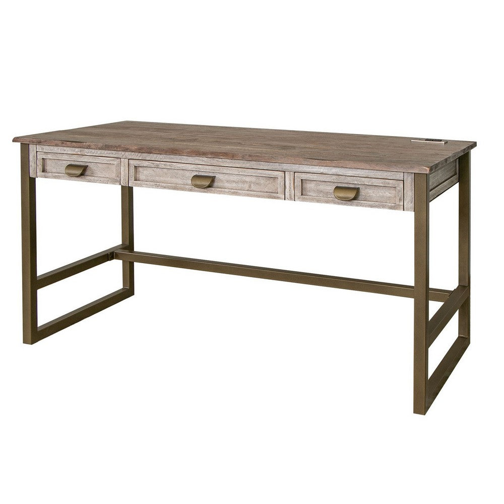 Kohl 60 Inch Desk, Brown Mango Wood, 3 Drawers, Antique Bronze Iron Base By Casagear Home