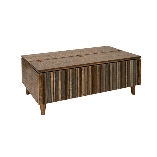 Texu 50 Inch Cocktail Table, Brown Blue Pine Wood, Hinged Top, Tapered Legs By Casagear Home