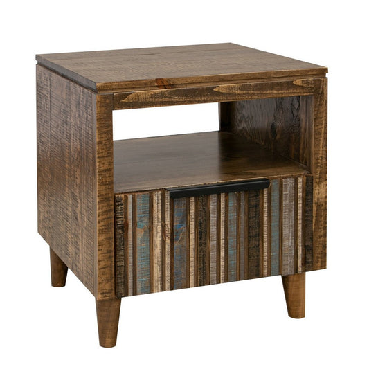 Texu 26 Inch Side End Table, Pine Wood, 1 Drawer, Open Shelf, Brown, Blue By Casagear Home