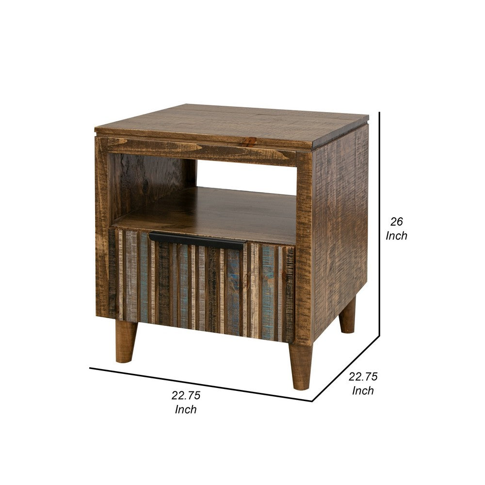 Texu 26 Inch Side End Table, Pine Wood, 1 Drawer, Open Shelf, Brown, Blue By Casagear Home