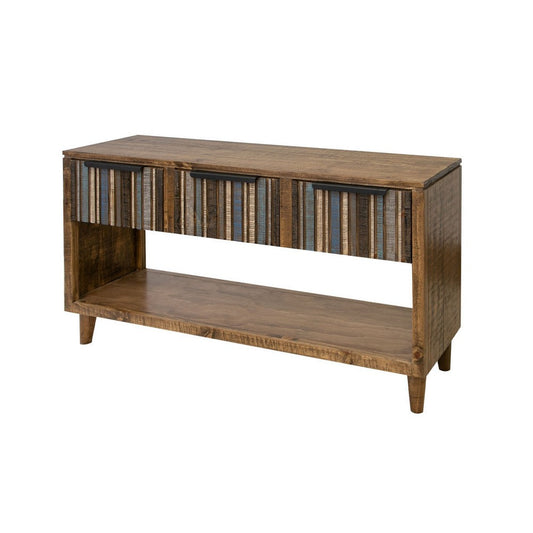 Texu 55 Inch Sofa Console Table, Pine Wood, 3 Drawers, 1 Shelf, Brown, Blue By Casagear Home