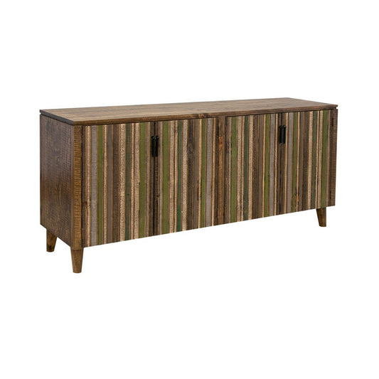 Texu 69 Inch Sideboard Console, Pine, 4 Doors, Pedant Handles, Brown, Green By Casagear Home