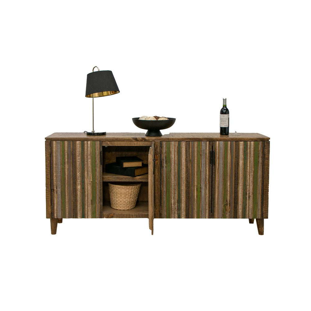 Texu 69 Inch Sideboard Console, Pine, 4 Doors, Pedant Handles, Brown, Green By Casagear Home
