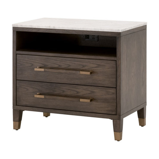 29 Inch Nightstand, 2 Drawers, Marble Top, Gold, Soild Oak Wood, Brown By Casagear Home