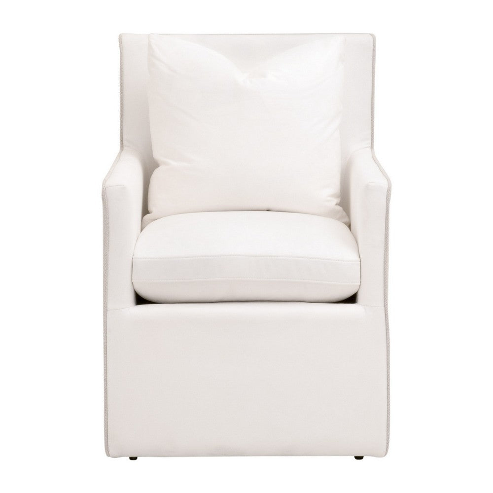 28 Inch Dining Armchair with Caster Wheels, 1 Pillow, Piped Details, White By Casagear Home