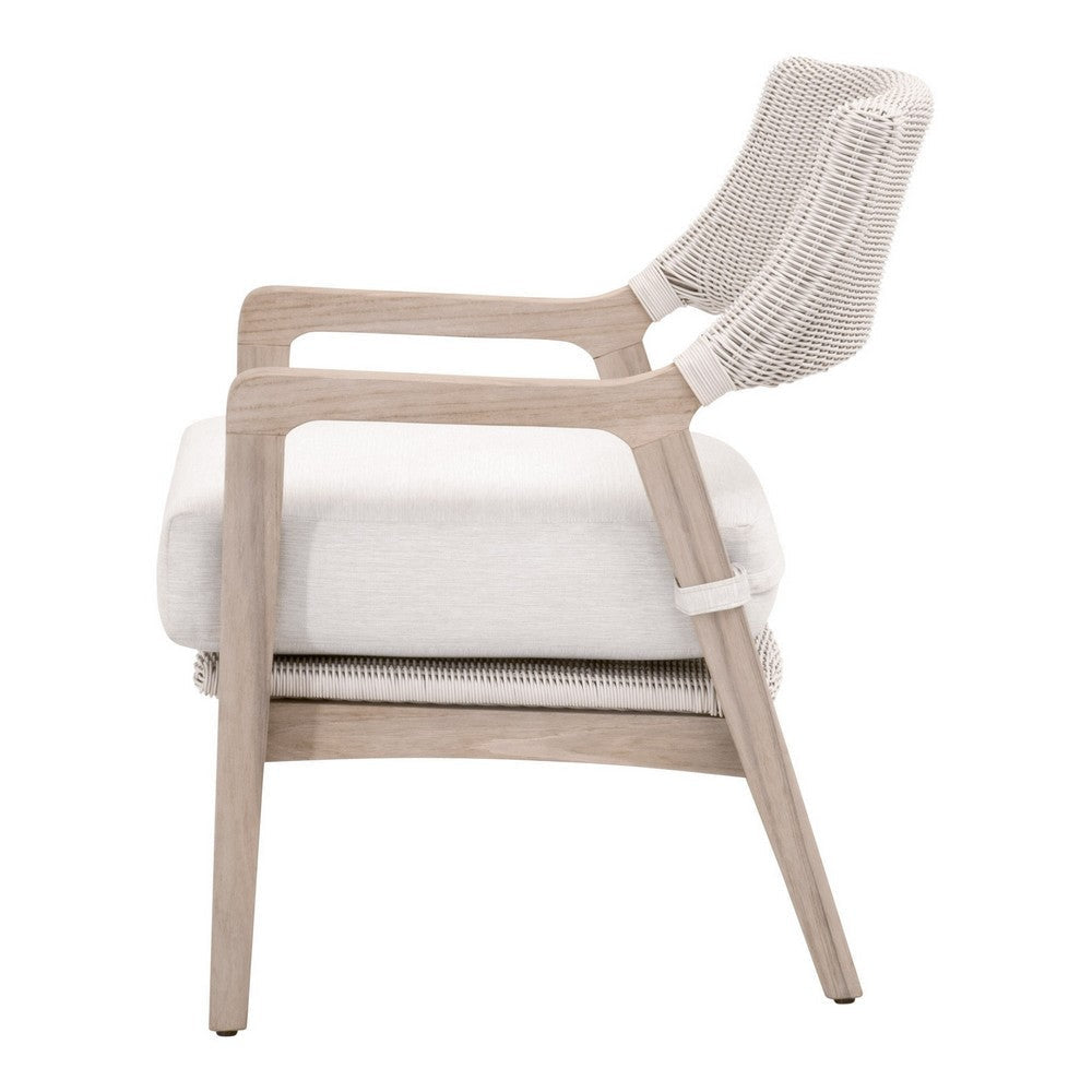 29 Inch Club Chair Gray Teak Wood Woven Back and Seat White Cushion By Casagear Home BM311379