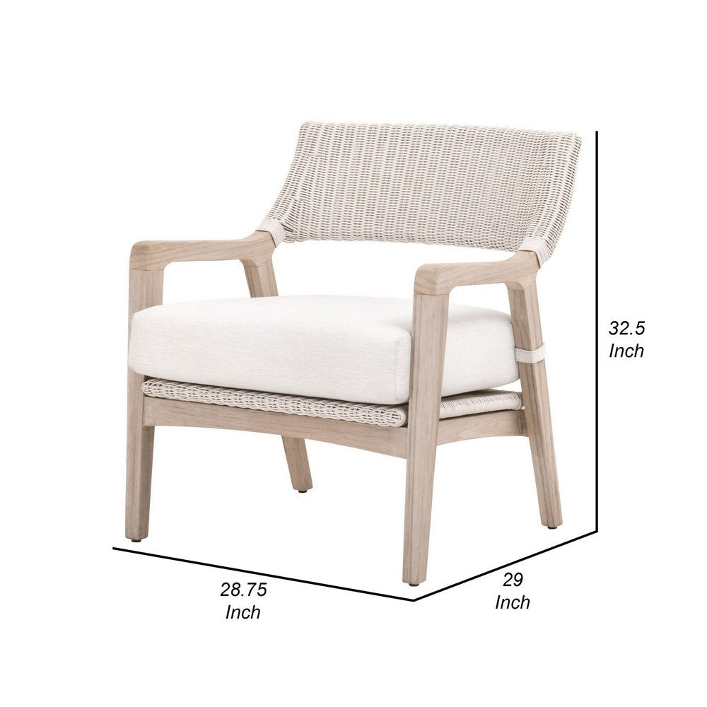 29 Inch Club Chair Gray Teak Wood Woven Back and Seat White Cushion By Casagear Home BM311379