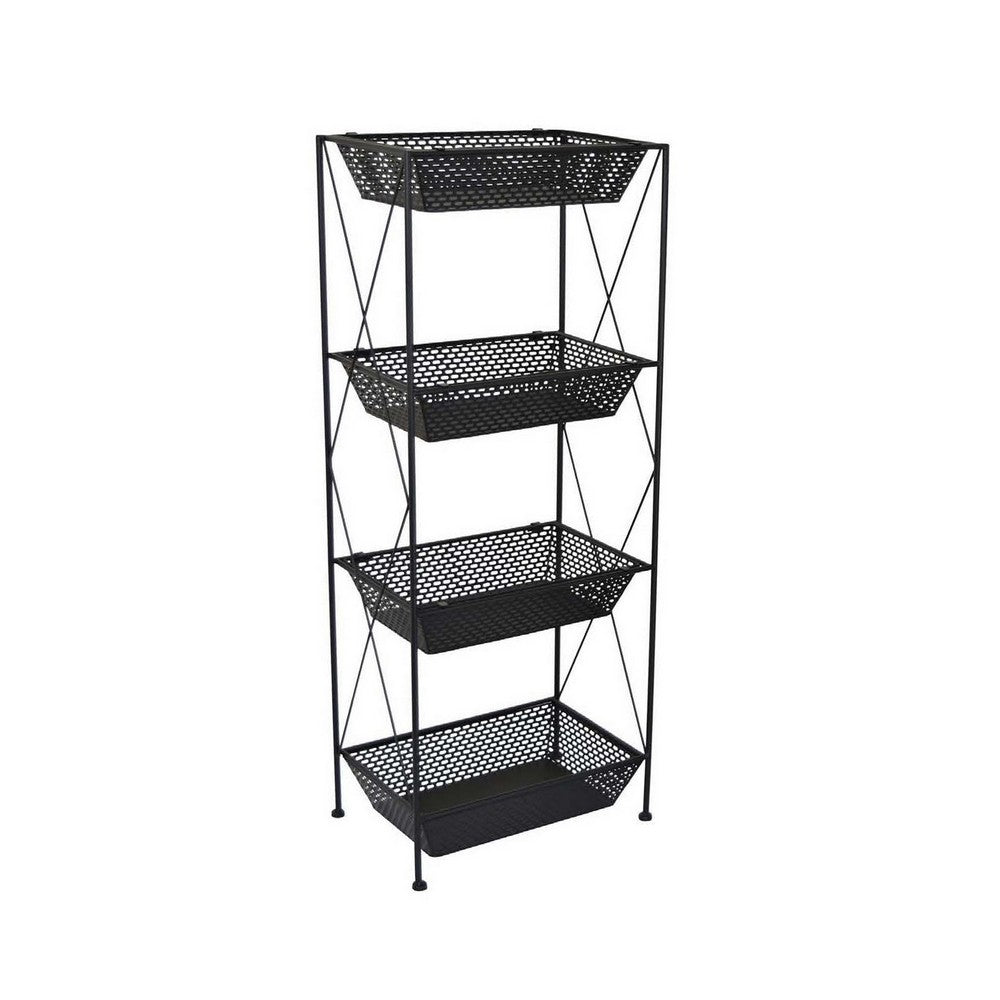 Plant Stand Table Set of 2, Open Metal Frame with 8 Square Baskets, Black By Casagear Home