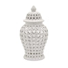 24 Inch Temple Ginger Jar, Ceramic White Carved Lattice Design with Lid By Casagear Home