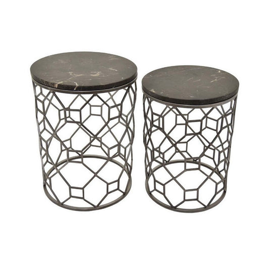Tich Plant Stand Table Set of 2, Round Top, Open Metal Frame, Black, Silver By Casagear Home