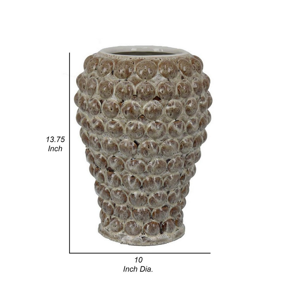 14 Inch Vase, Unique Urn Shape, Tan Brown Ceramic with Bubble Design By Casagear Home