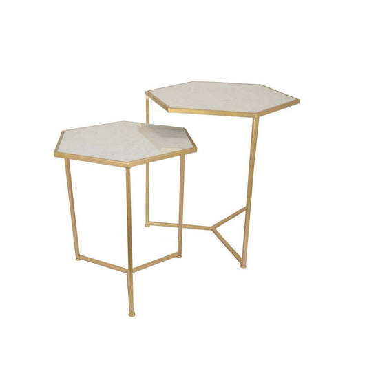 Plant Stand Table Set of 2, Metal Gold Frames, Hexagonal White Tabletops By Casagear Home