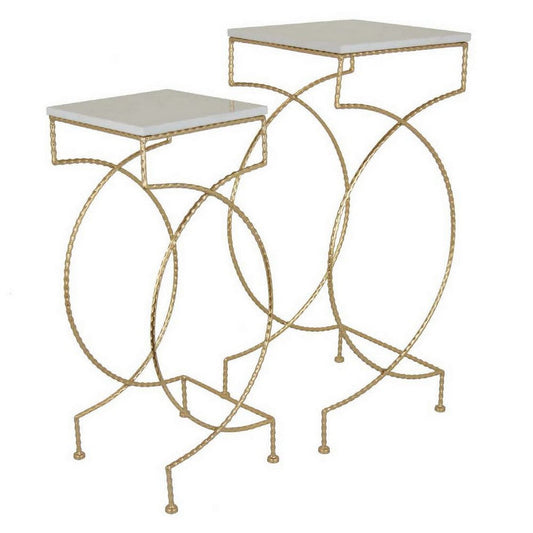 Plant Stand Table Set of 2, Modern Art Style C Open Frame, White Top By Casagear Home